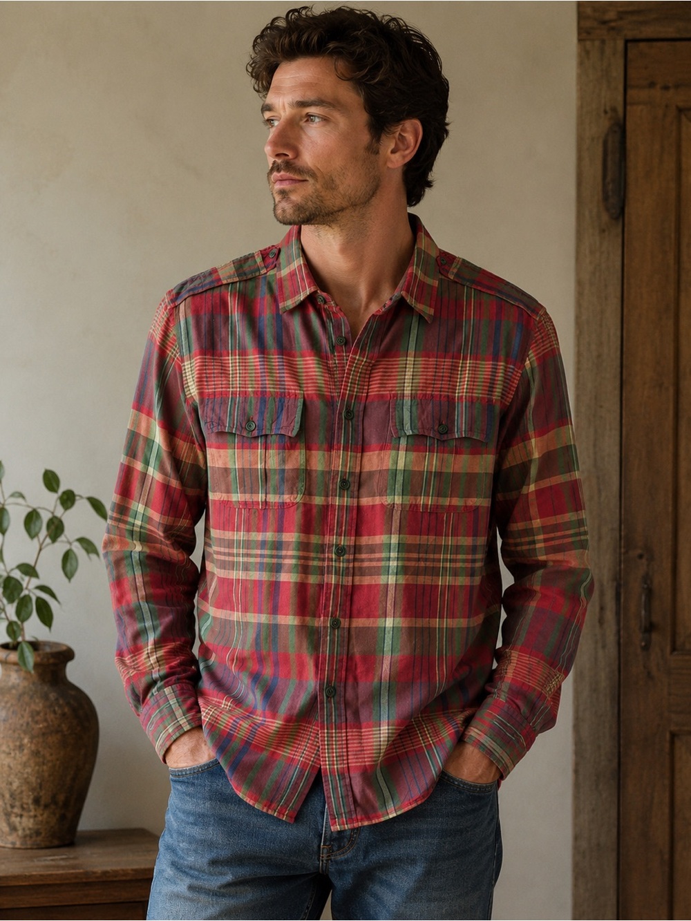 Vintage Polo Ralph Lauren Plaid Linen Cotton Button Front Shirt Men’s XL Red